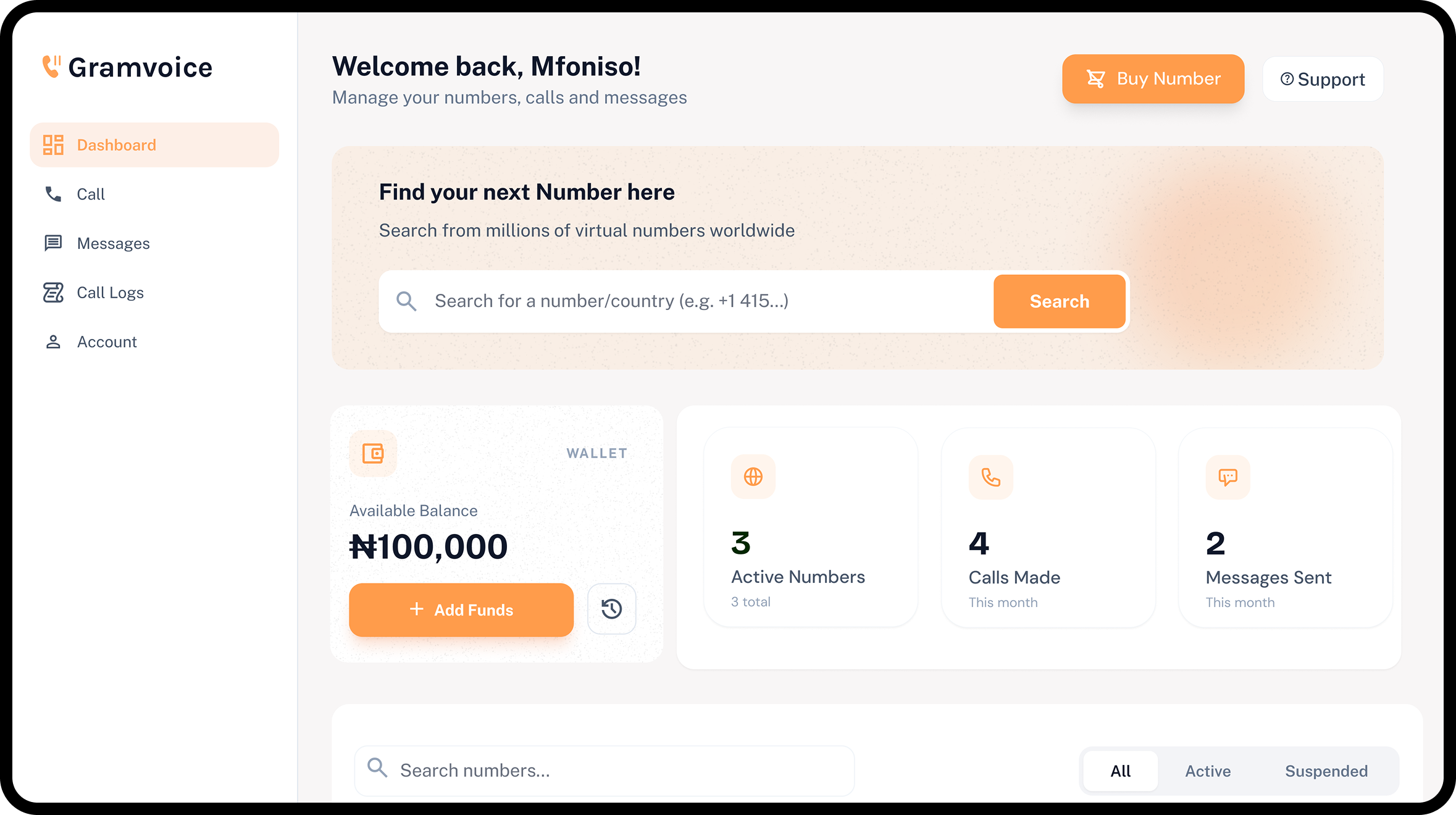 Gramvoice dashboard showing virtual phone numbers purchased across several countries